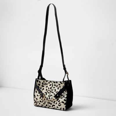 Black leather leopard print pony bag